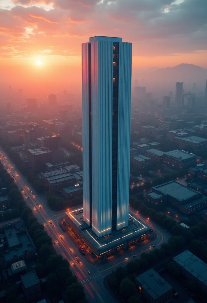 An aerial photo of a high-tech futuristic clean white office block standing proud in the middle of a dirty black industrial estate below it, sun is rising, neon lighting