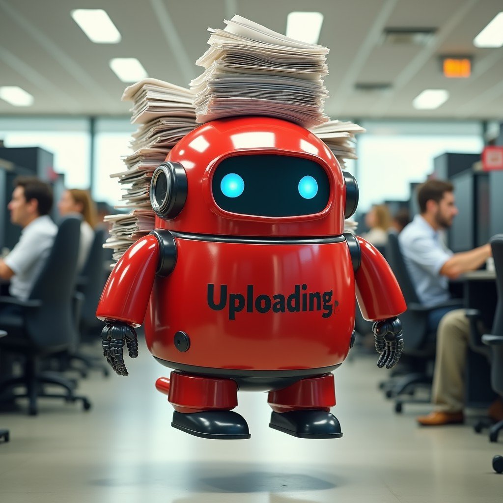 cute, floating, jet-powered, shiny, large, red robot, in the middle of a busy office, carrying multiple piles of paperwork on its back and on its head. The words 'Uploading' is written across the robot.