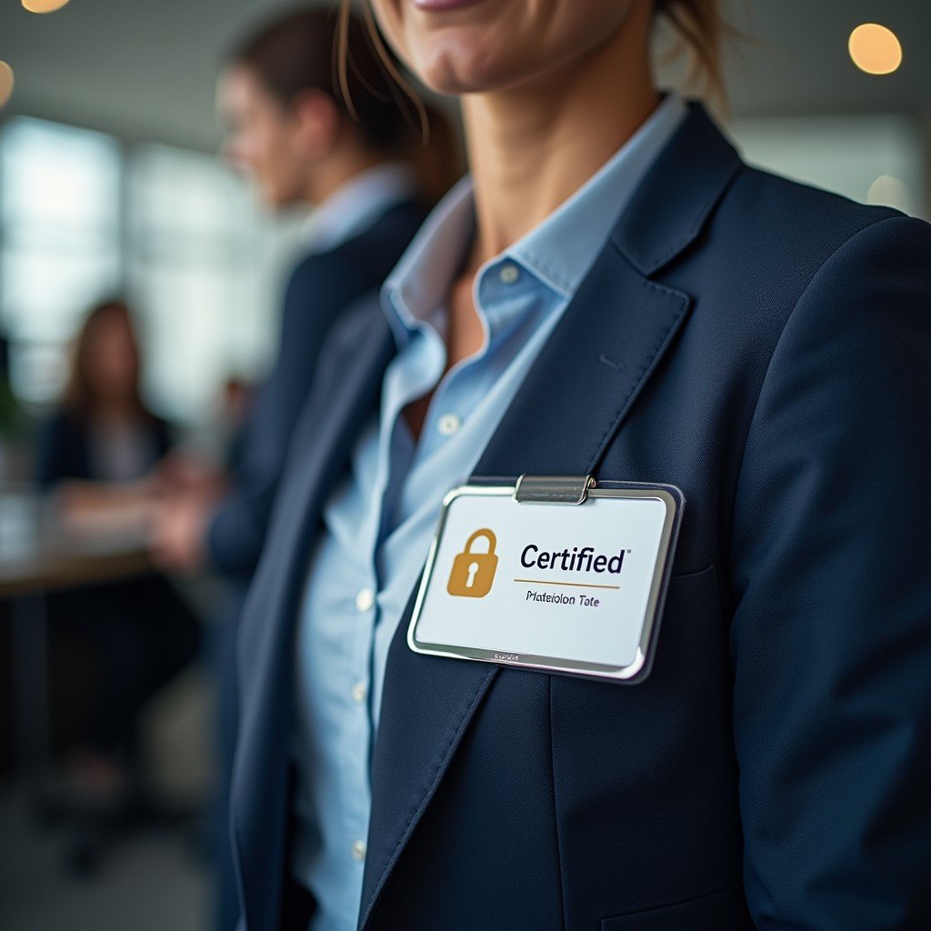 An office worker wearing a metal borderless name badge on their chest, which features a gold checkmark to certify they have been trained and can be trusted. The word 'Certified' should appear on the badge along with a padlock symbol to the left of the words. Detailed background of a busy office.