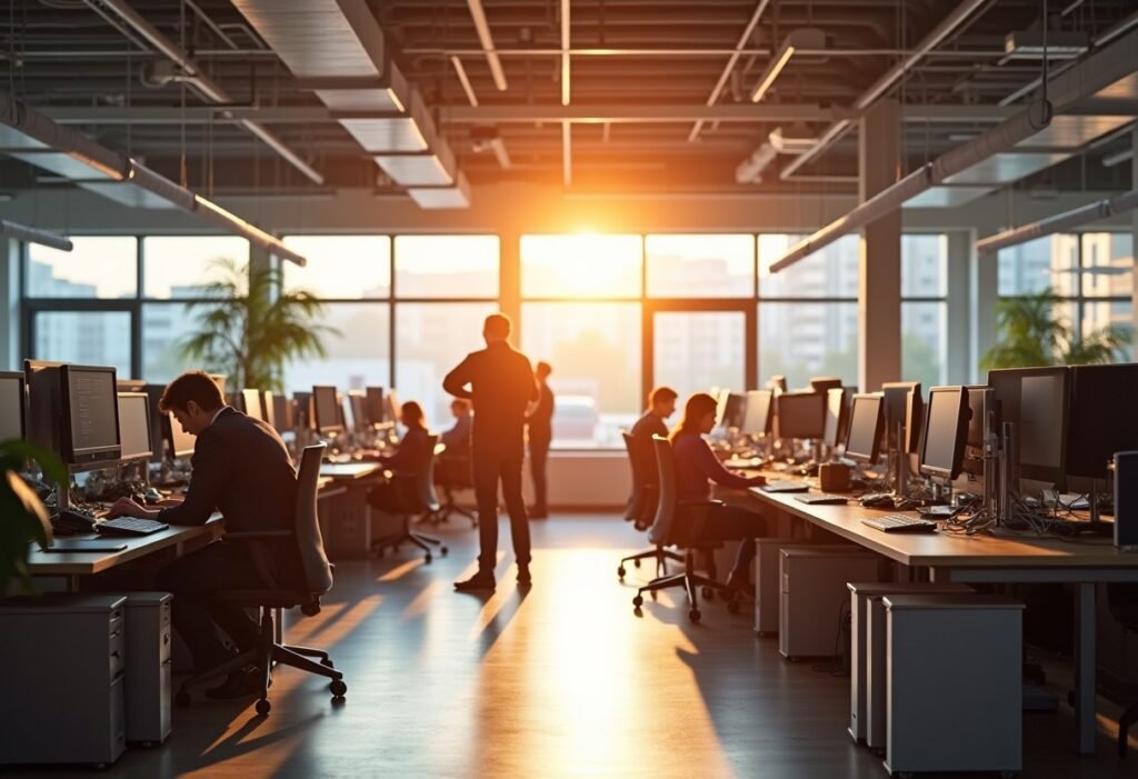 A background image for a website, IT services, support services, people in busy office, warm sunny day, open plan office