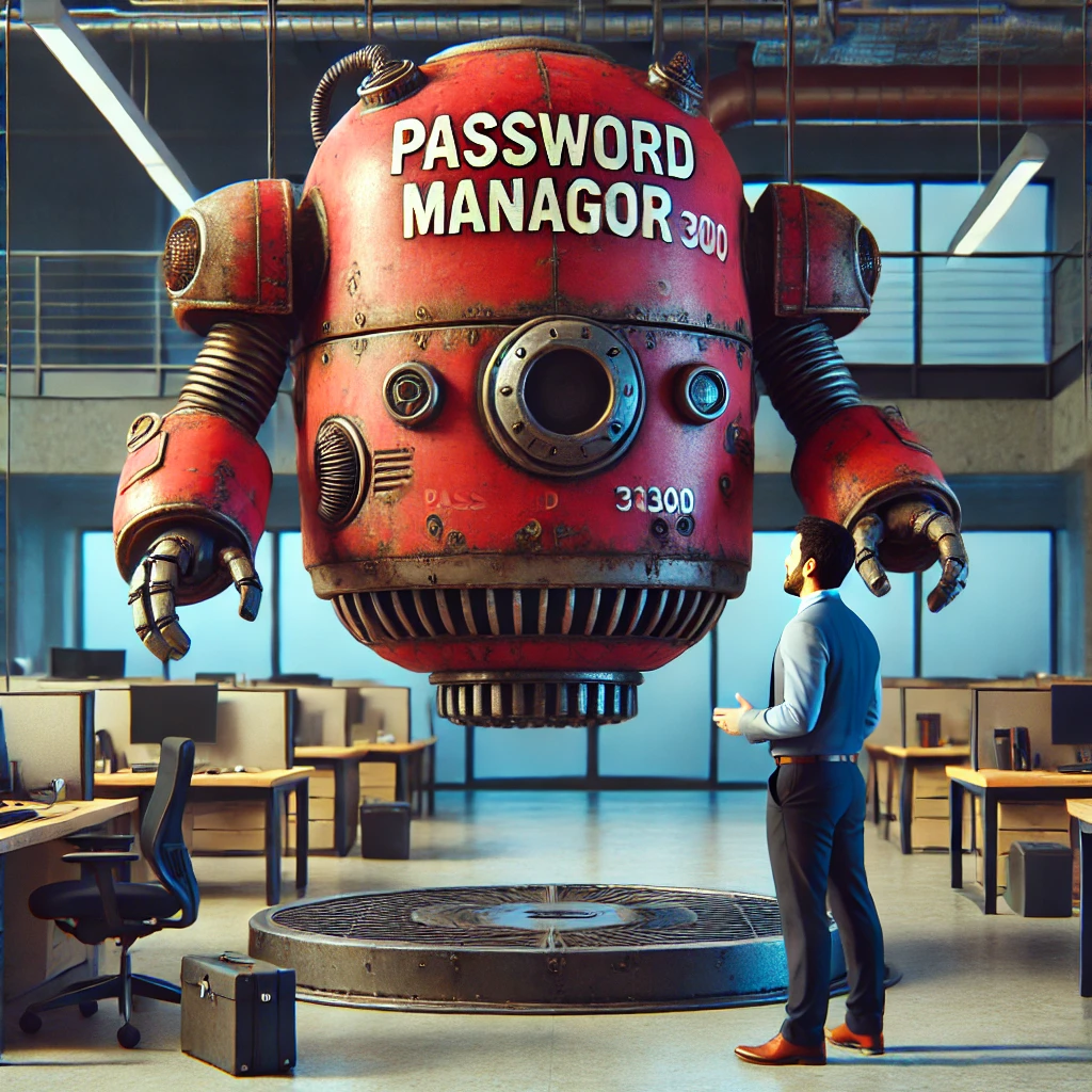 A floating robot with a rusted red shell and the words "Password Manager 3000" painted across its front. The robot has mechanical arms with claw-like grips and hovers in front of a business casual office worker. They are in a dimly lit modern office setting with cubicles and desks in the background.